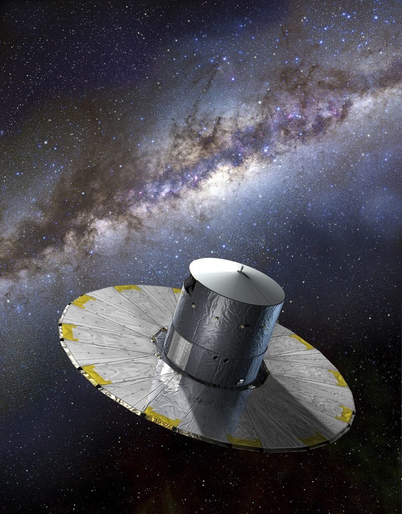 Ilustración del satélite Gaia, un cilindro con un parasol circular, frente a la Vía Láctea.